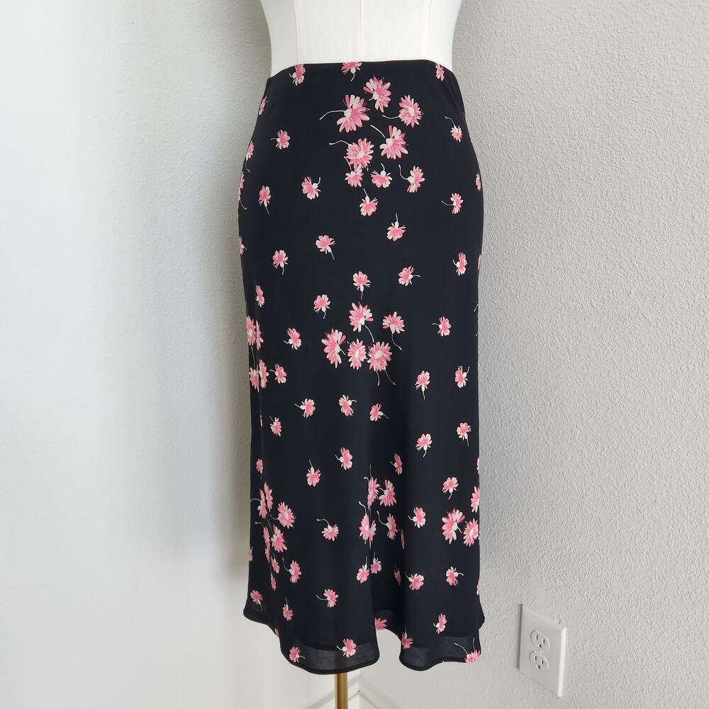Vintage 90s Black Pink Floral Elastic Waist Midi Skirt Laura Scott Petite S M